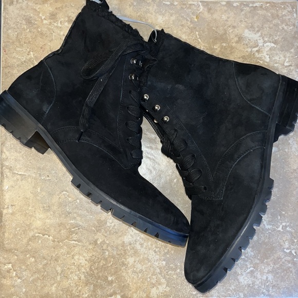 New Kate Spade Black Suede Sherpa Trimmed Lace Up Booties Silver Hardware - Picture 9 of 9